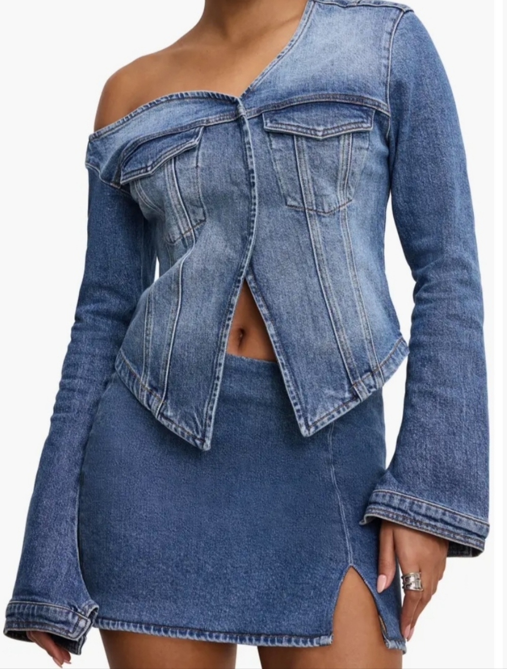 Good American One-Shoulder Cutaway Denim Shirt